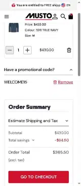 WELCOME15 coupon verification screenshot