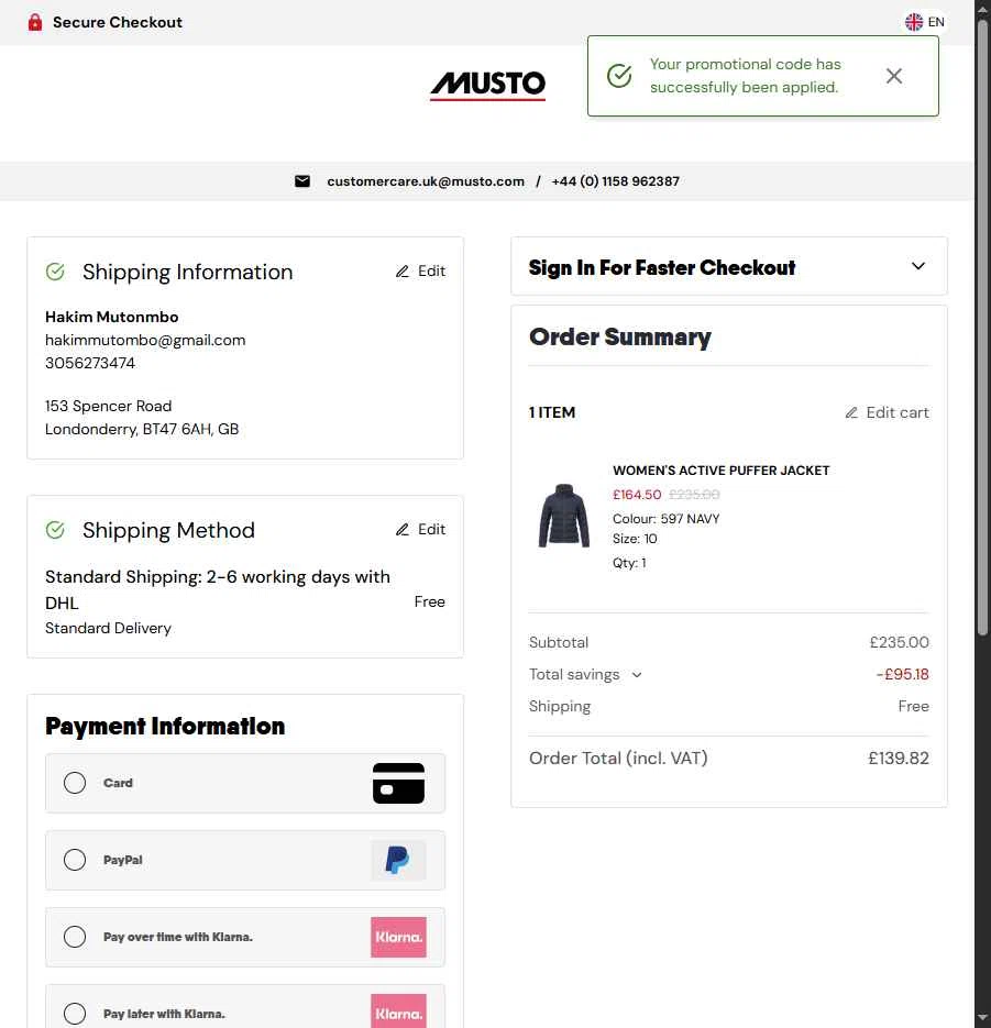 Musto checkout page showing Musto discount code box | Screenshot taken by SimplyCodes community member on Jan 5, 2026