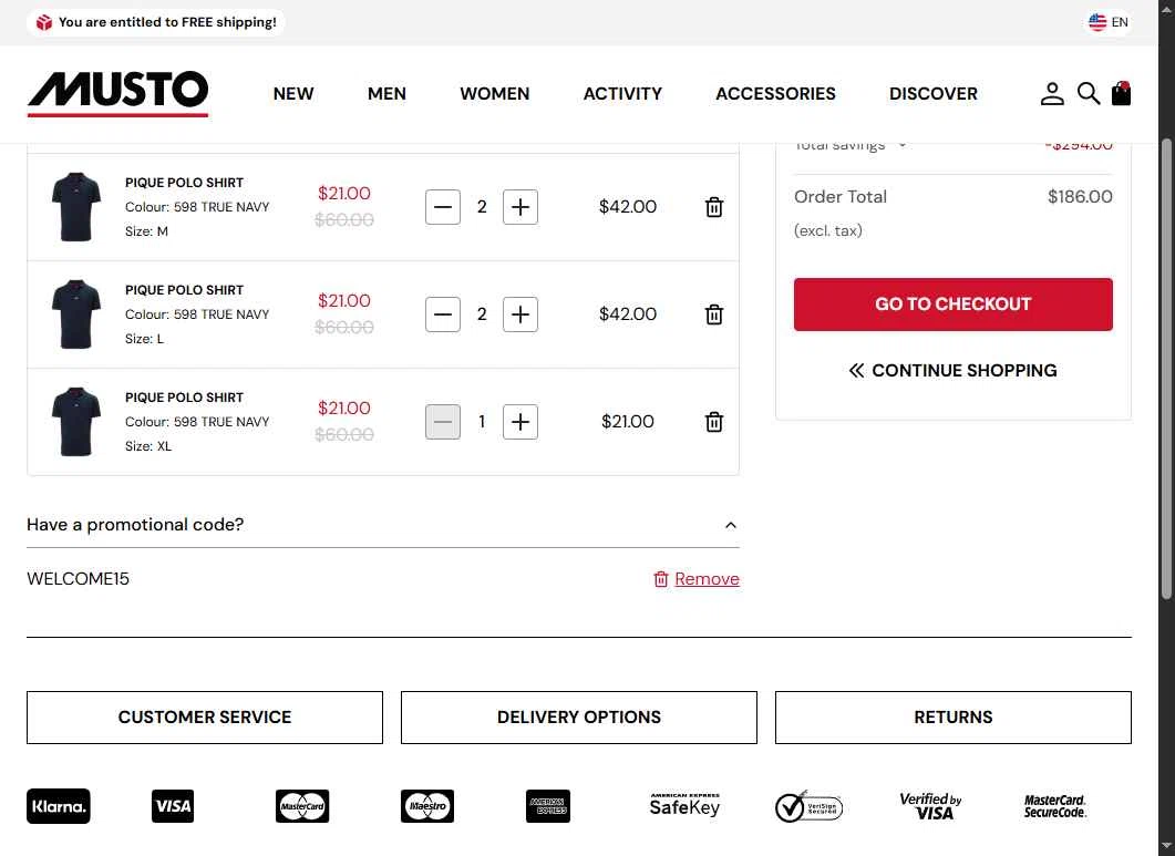 Musto checkout page showing Musto discount code box | Screenshot taken by SimplyCodes community member on Oct 28, 2025