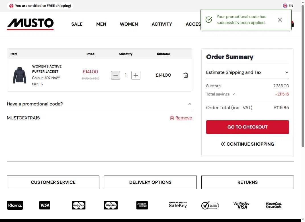 Musto checkout page showing Musto discount code box | Screenshot taken by SimplyCodes community member on Feb 3, 2026