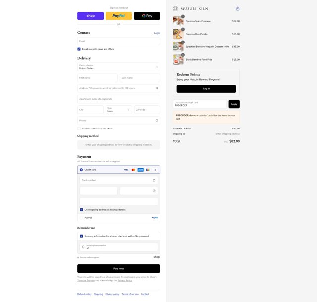 MUSUBI KILN checkout page showing MUSUBI KILN discount code box | Screenshot taken by SimplyCodes community member on Aug 28, 2025