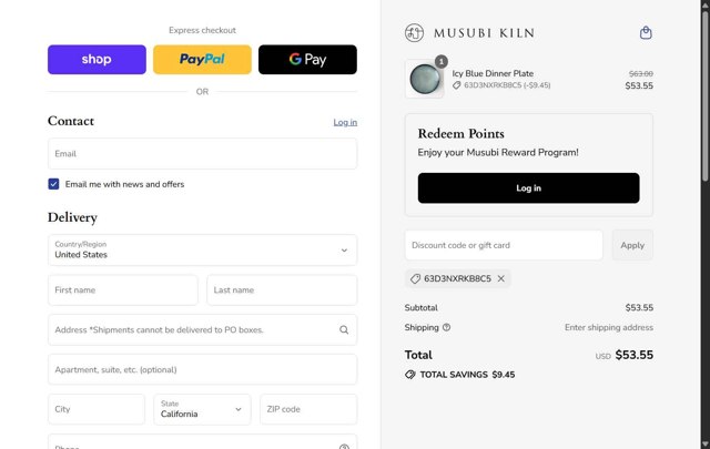 MUSUBI KILN checkout page showing MUSUBI KILN discount code box | Screenshot taken by SimplyCodes community member on Aug 30, 2025