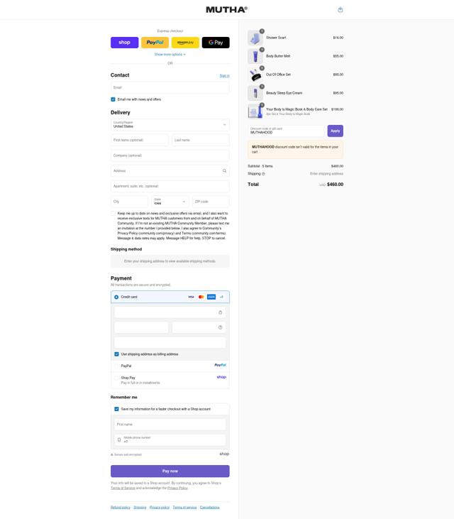 Mutha checkout page showing Mutha promo code box | Screenshot taken by SimplyCodes community member on Sep 14, 2025