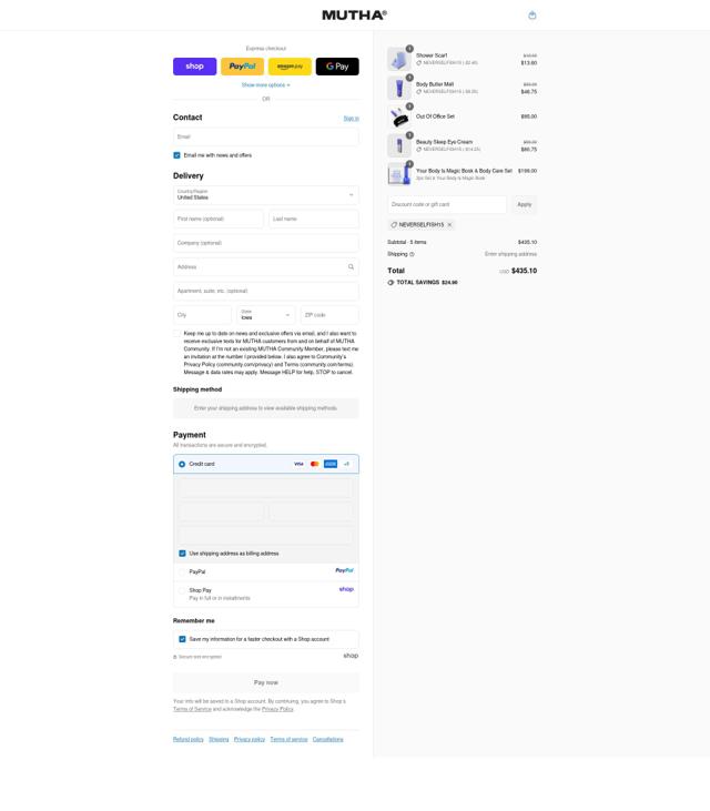 Mutha checkout page showing Mutha promo code box | Screenshot taken by SimplyCodes community member on Sep 14, 2025
