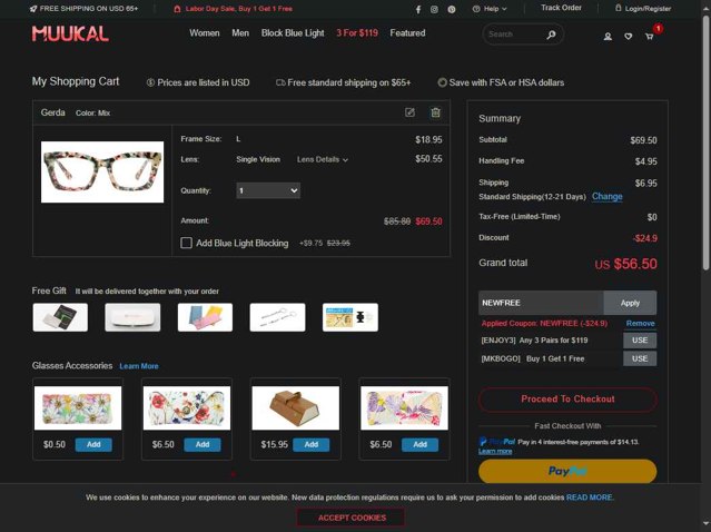 Muukal checkout page showing Muukal coupon code box | Screenshot taken by SimplyCodes community member on Sep 4, 2025