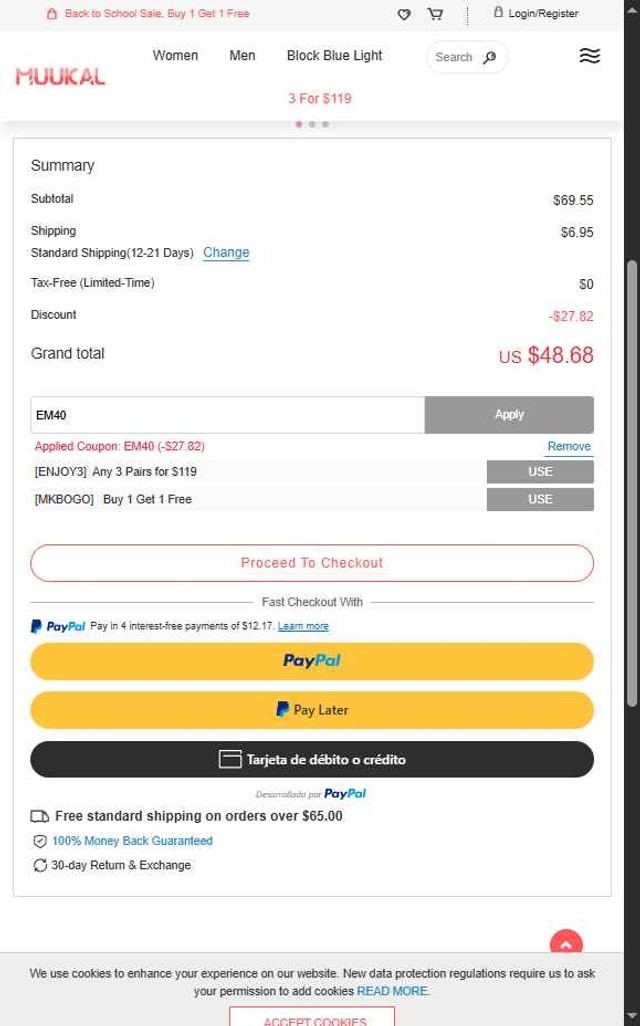 Muukal checkout page showing Muukal coupon code box | Screenshot taken by SimplyCodes community member on Aug 24, 2025
