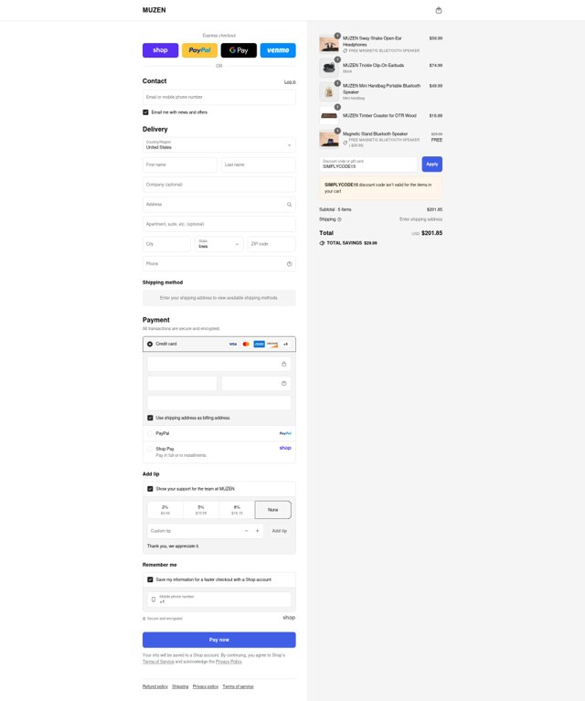Muzen Audio checkout page showing Muzen Audio promo code box | Screenshot taken by SimplyCodes community member on Sep 8, 2025