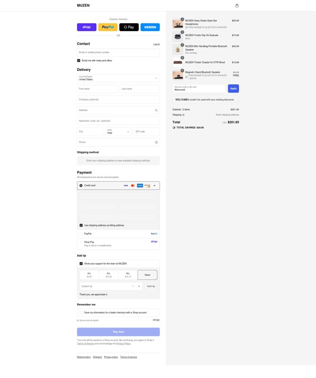 Muzen Audio checkout page showing Muzen Audio promo code box | Screenshot taken by SimplyCodes community member on Sep 8, 2025