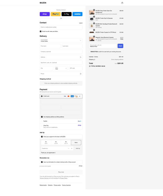 Muzen Audio checkout page showing Muzen Audio promo code box | Screenshot taken by SimplyCodes community member on Sep 8, 2025