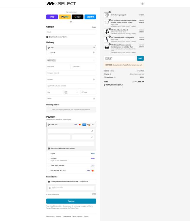MX Fitness Supply checkout page showing MX Fitness Supply discount code box | Screenshot taken by SimplyCodes community member on Sep 2, 2025