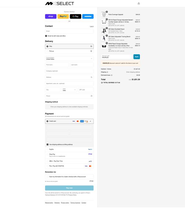 MX Fitness Supply checkout page showing MX Fitness Supply discount code box | Screenshot taken by SimplyCodes community member on Sep 6, 2025
