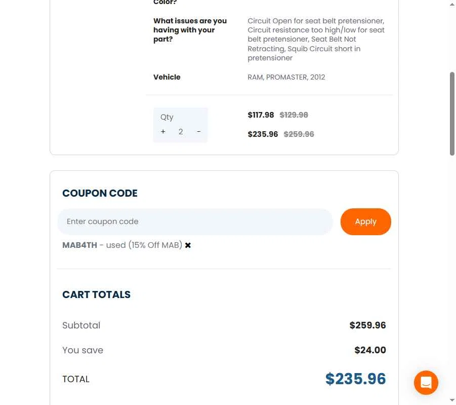 MyAirbags checkout page showing MyAirbags coupon code box | Screenshot taken by SimplyCodes community member on Jun 30, 2025