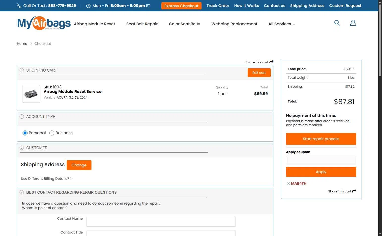 MyAirbags checkout page showing MyAirbags coupon code box | Screenshot taken by SimplyCodes community member on Jul 15, 2025