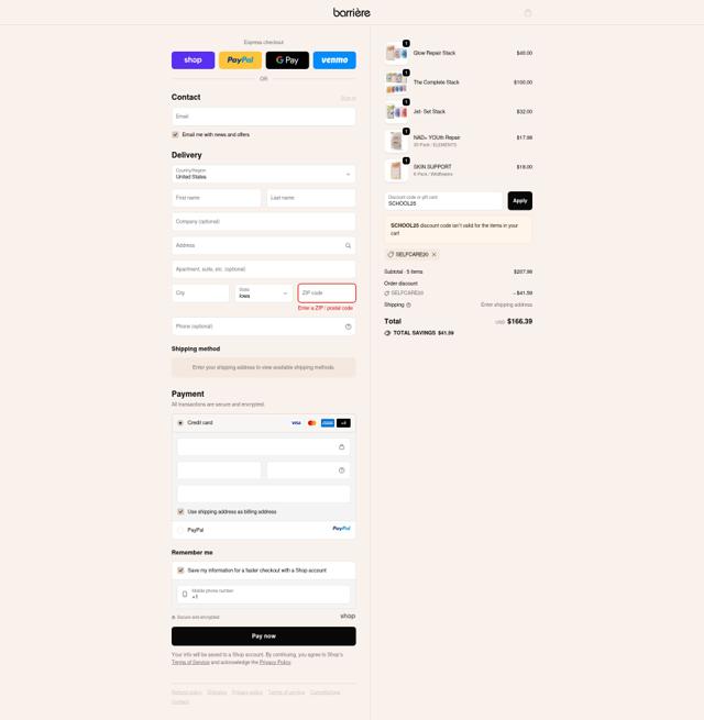 barrière checkout page showing barrière promo code box | Screenshot taken by SimplyCodes community member on Sep 24, 2025