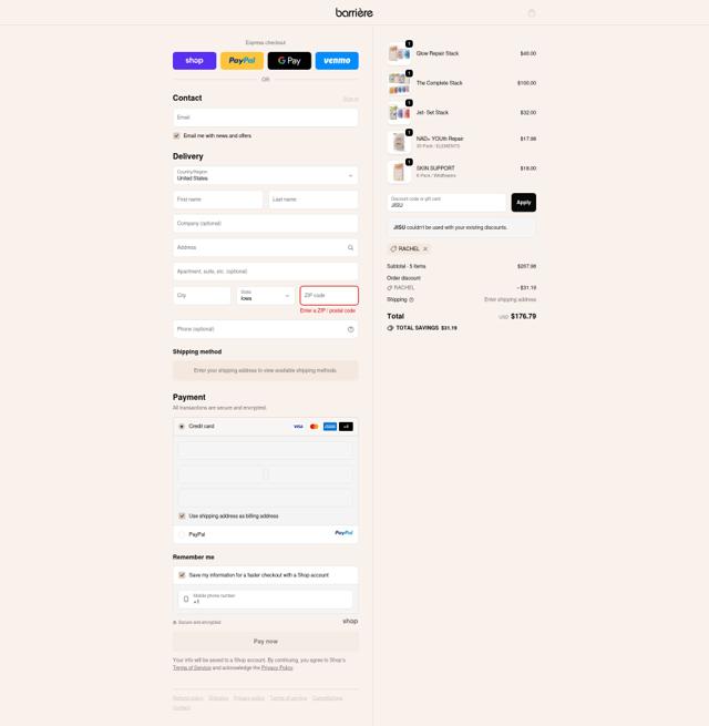 barrière checkout page showing barrière promo code box | Screenshot taken by SimplyCodes community member on Sep 24, 2025