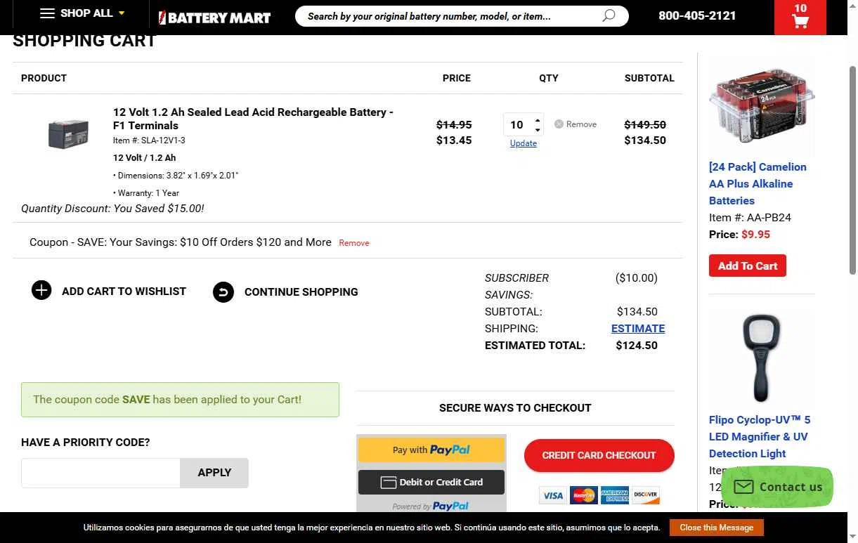 My Battery Mart checkout page showing My Battery Mart promo code box | Screenshot taken by SimplyCodes community member on Oct 15, 2025