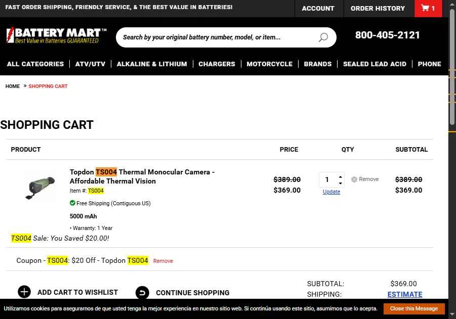 My Battery Mart checkout page showing My Battery Mart promo code box | Screenshot taken by SimplyCodes community member on Dec 4, 2025