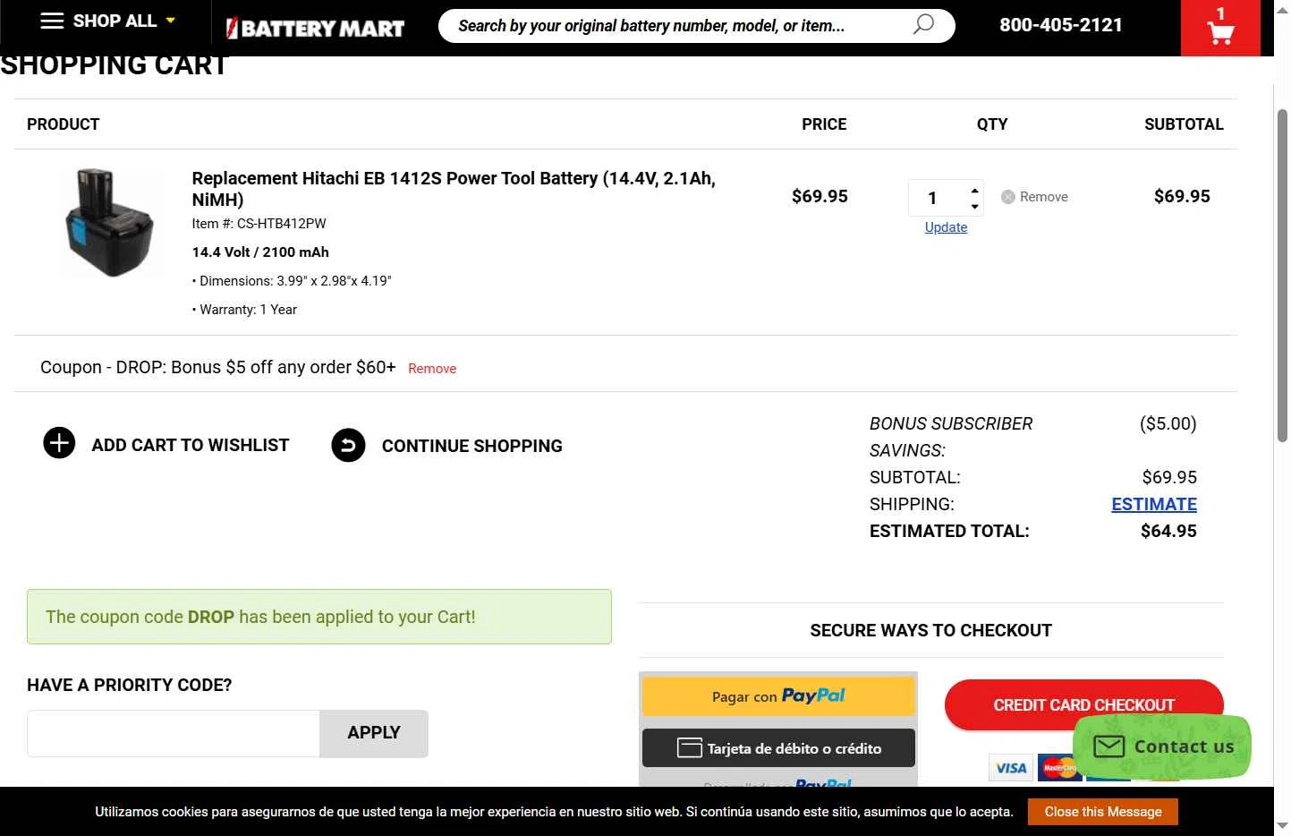 My Battery Mart checkout page showing My Battery Mart promo code box | Screenshot taken by SimplyCodes community member on Oct 24, 2025
