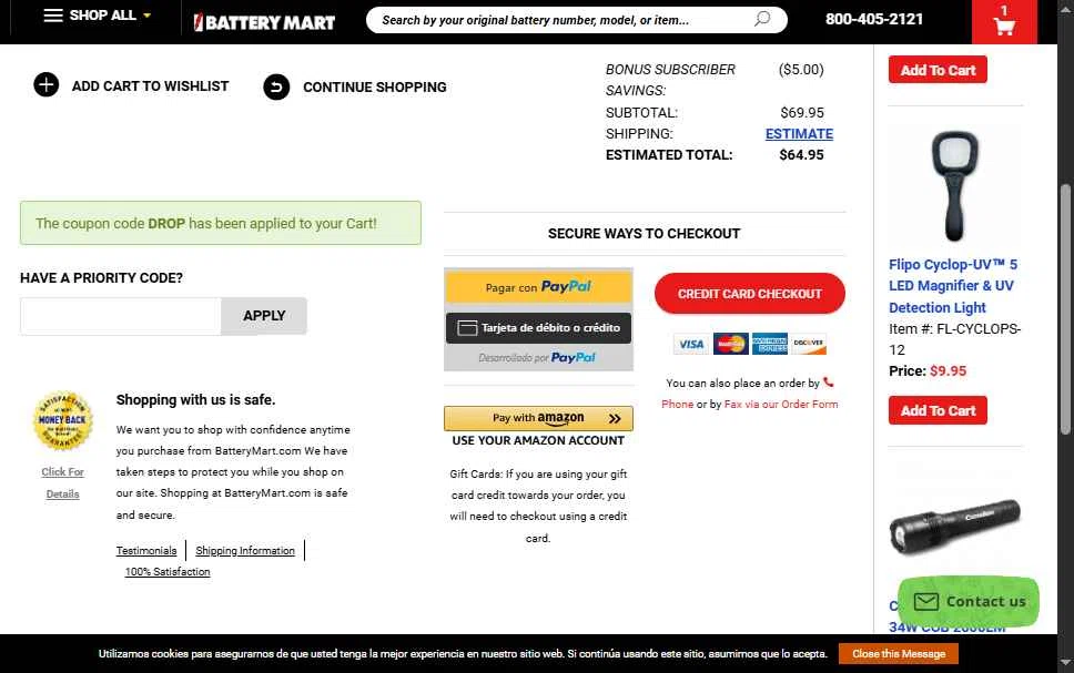 My Battery Mart checkout page showing My Battery Mart promo code box | Screenshot taken by SimplyCodes community member on Oct 24, 2025