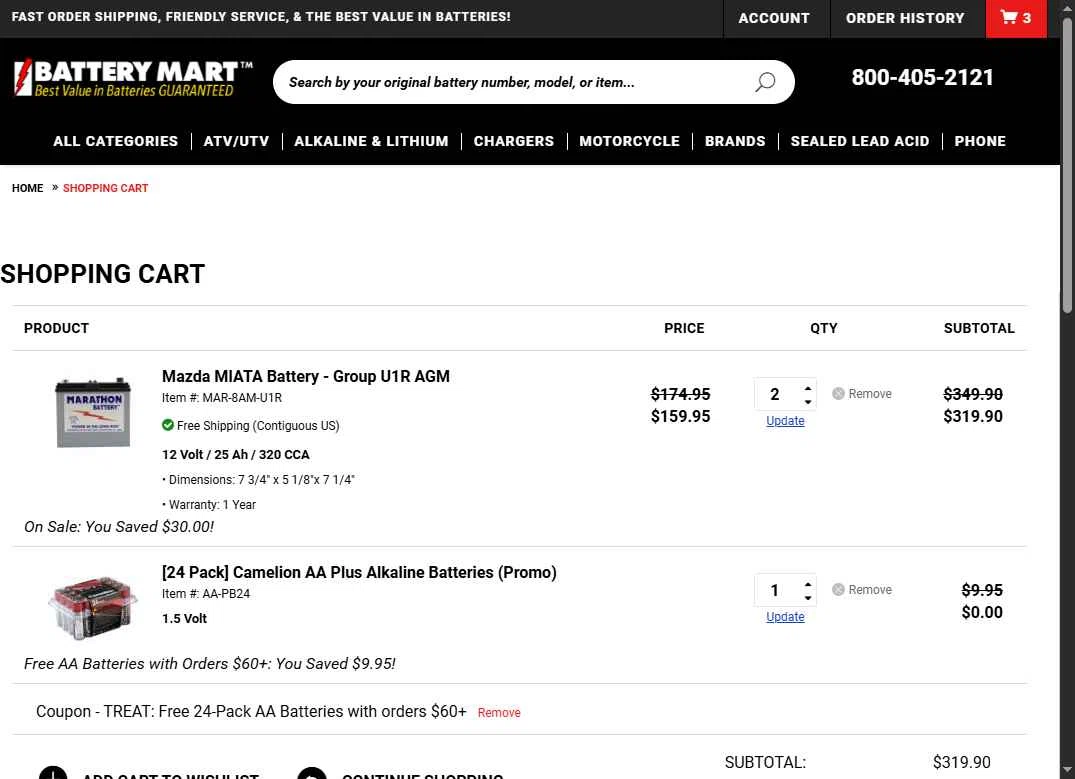 My Battery Mart checkout page showing My Battery Mart promo code box | Screenshot taken by SimplyCodes community member on Oct 27, 2025