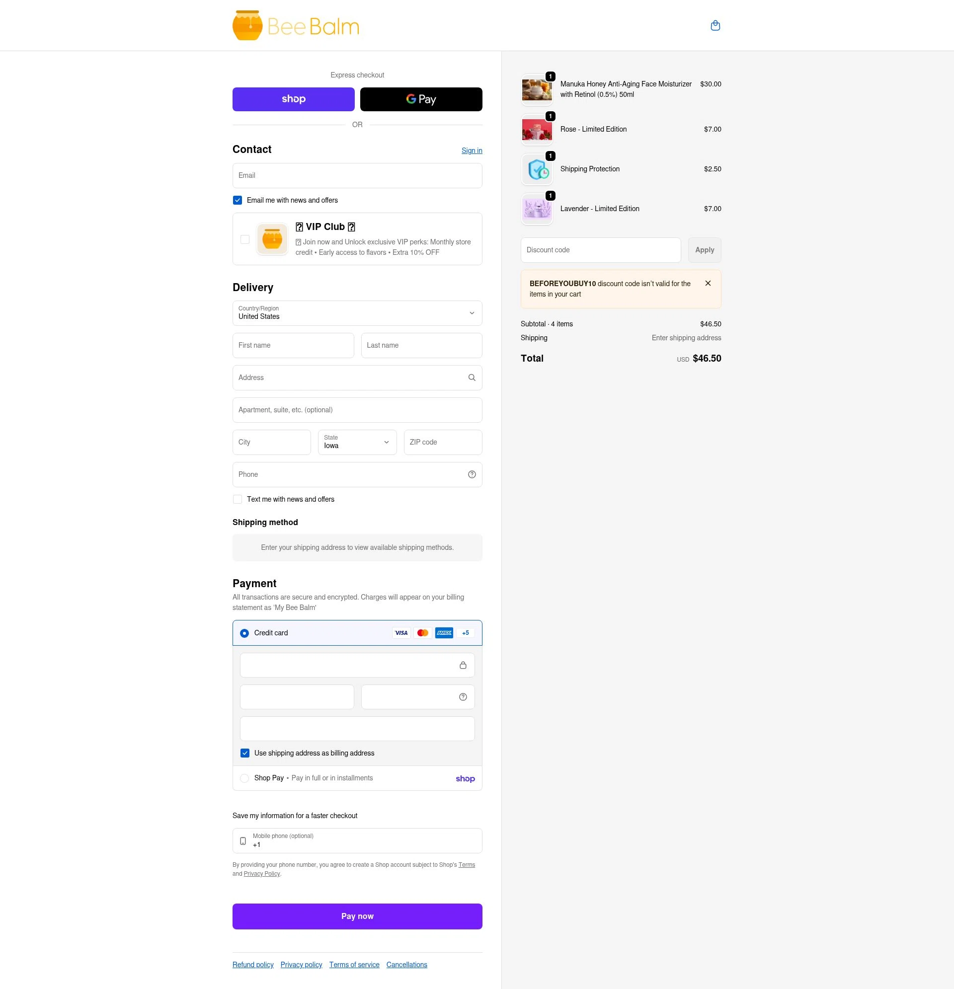 My Bee Balm checkout page showing My Bee Balm discount code box | Screenshot taken by SimplyCodes community member on Feb 9, 2026