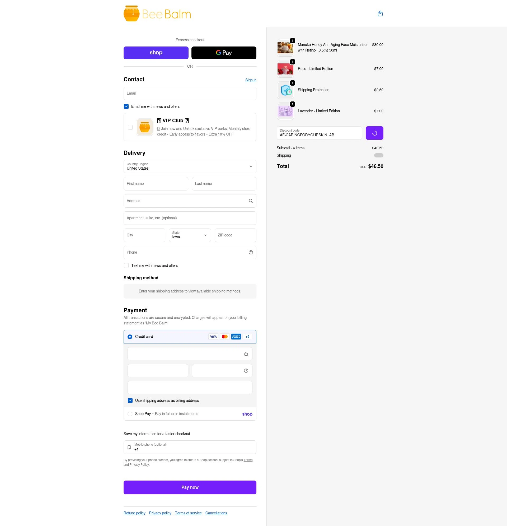 My Bee Balm checkout page showing My Bee Balm discount code box | Screenshot taken by SimplyCodes community member on Feb 9, 2026