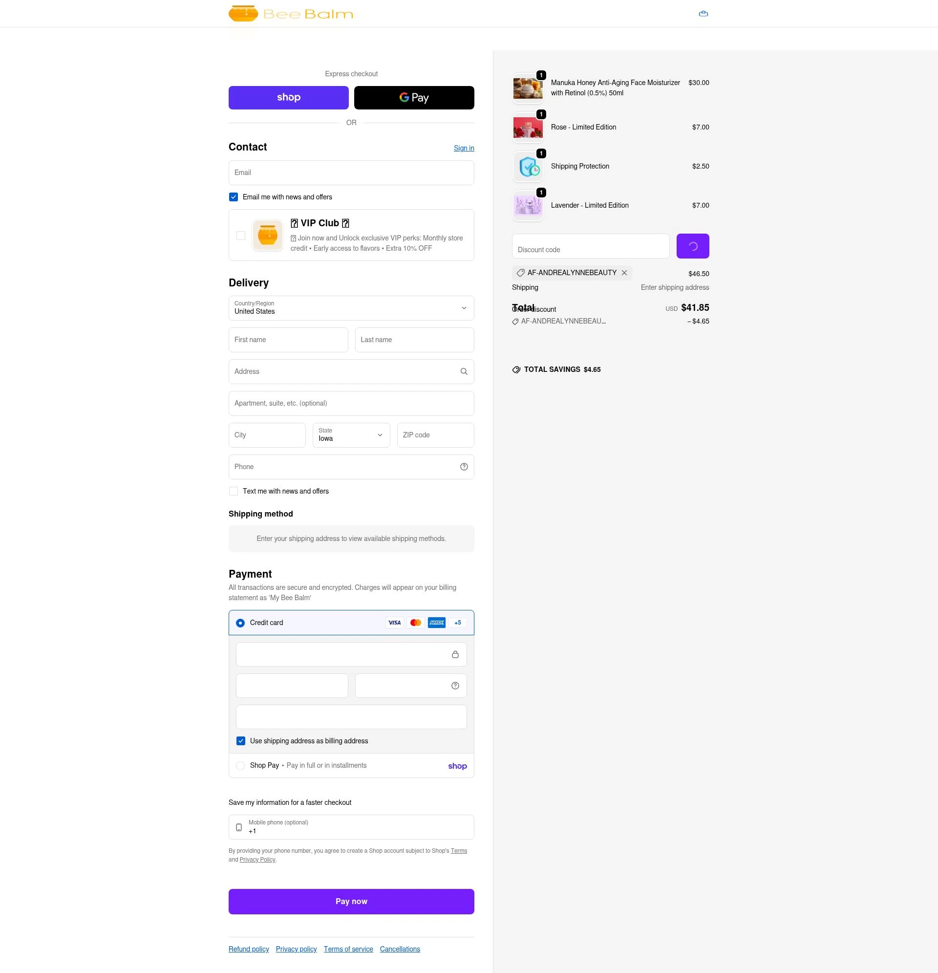 My Bee Balm checkout page showing My Bee Balm discount code box | Screenshot taken by SimplyCodes community member on Feb 9, 2026