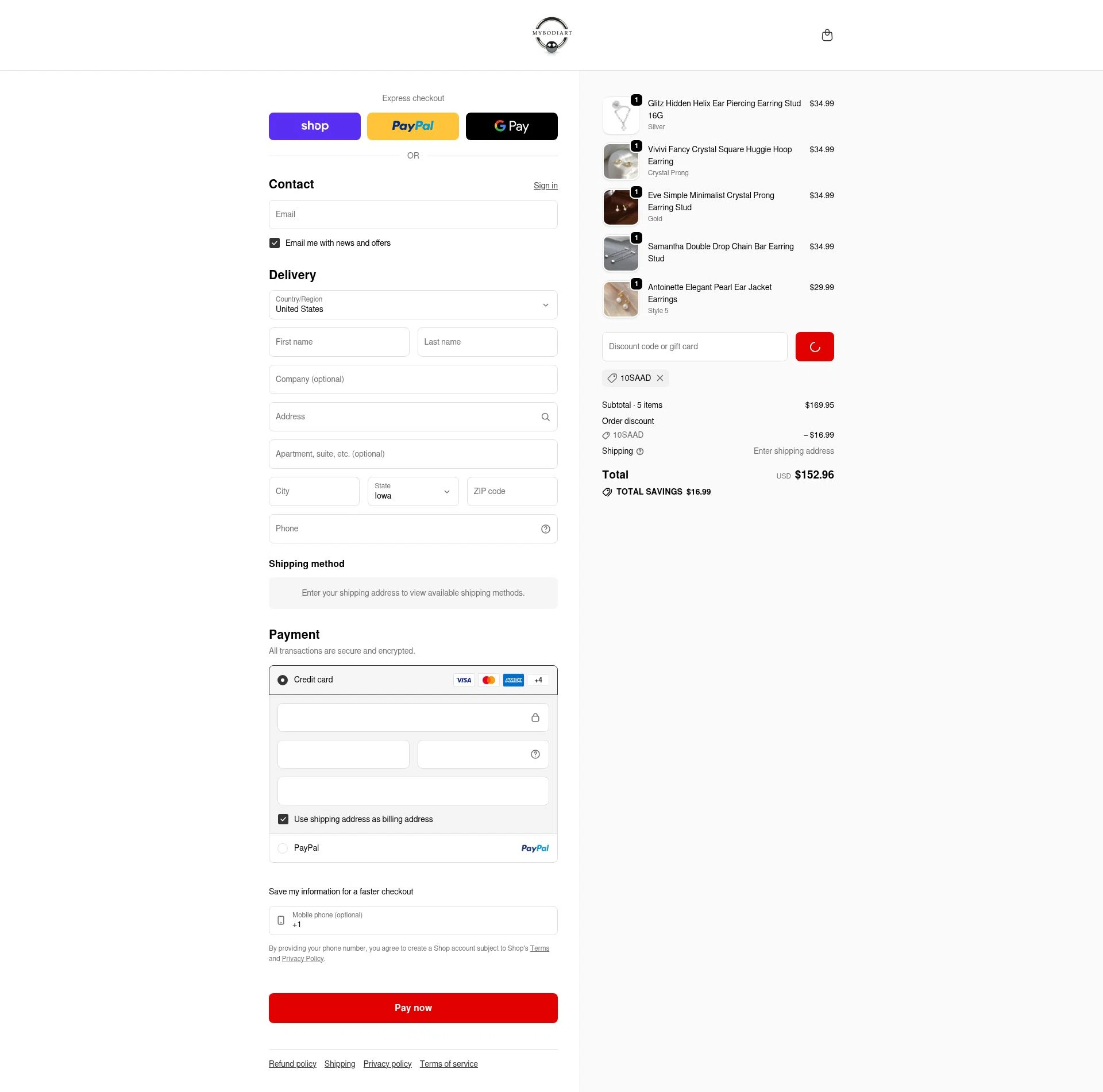 Mybodiart checkout page showing Mybodiart promo code box | Screenshot taken by SimplyCodes community member on Feb 8, 2026