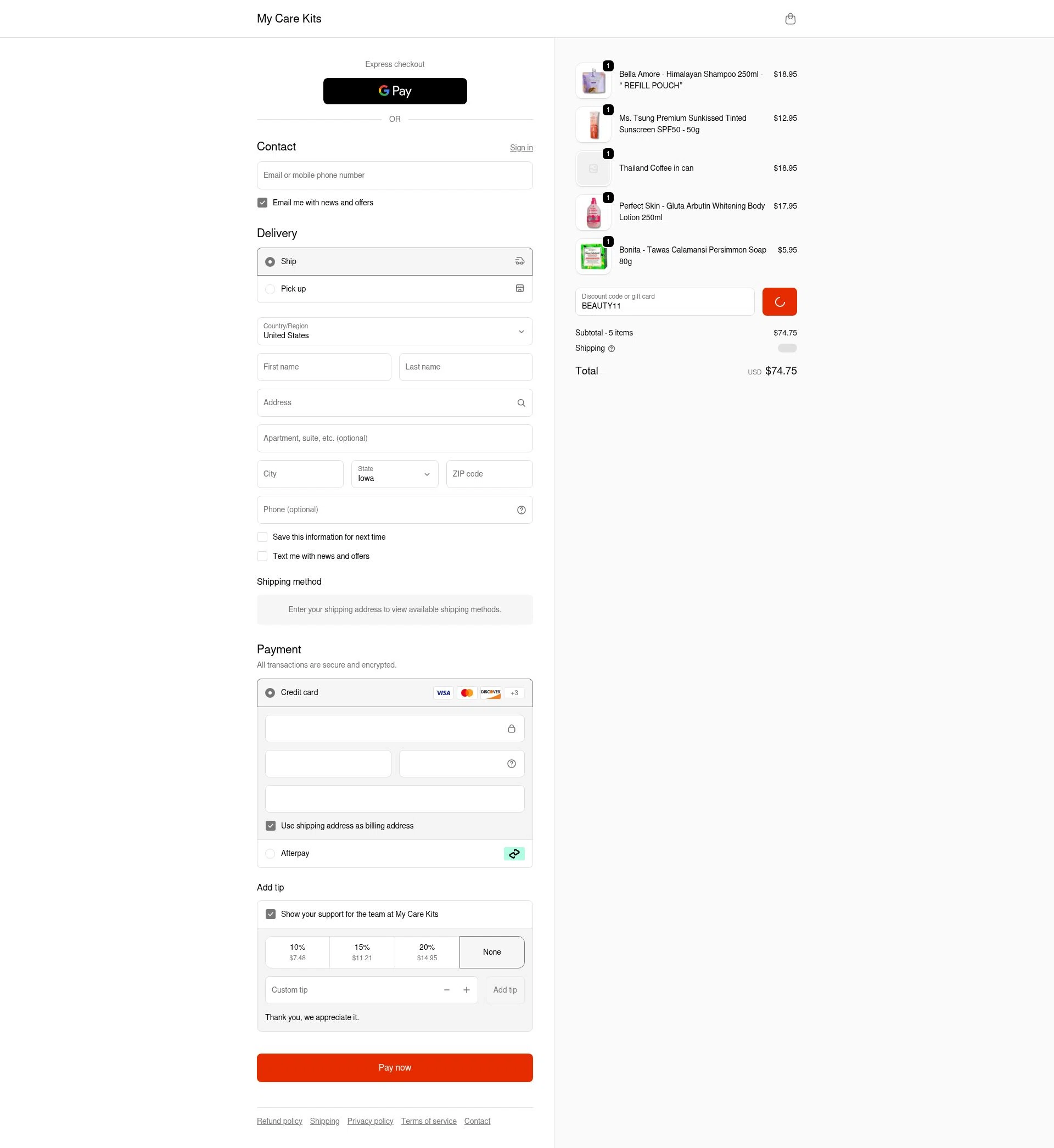 My Care Kits checkout page showing My Care Kits promo code box | Screenshot taken by SimplyCodes community member on Feb 18, 2026