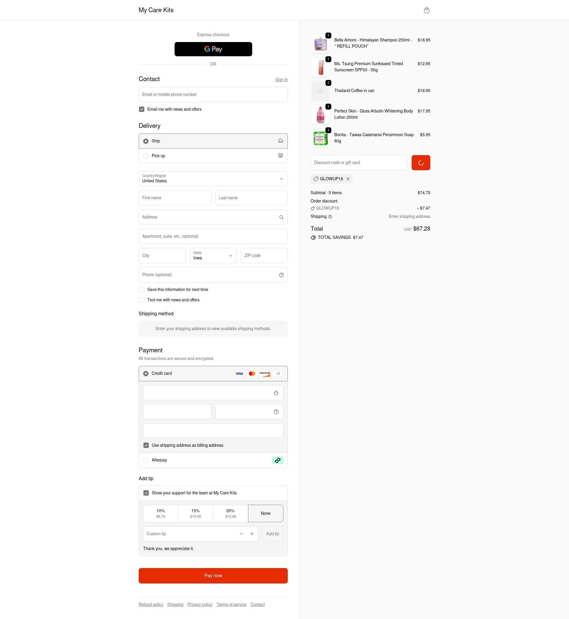 My Care Kits checkout page showing My Care Kits promo code box | Screenshot taken by SimplyCodes community member on Feb 18, 2026