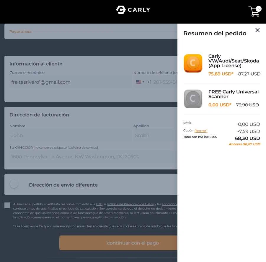 Carly OBD checkout page showing Carly OBD discount code box | Screenshot taken by SimplyCodes community member on Apr 29, 2025