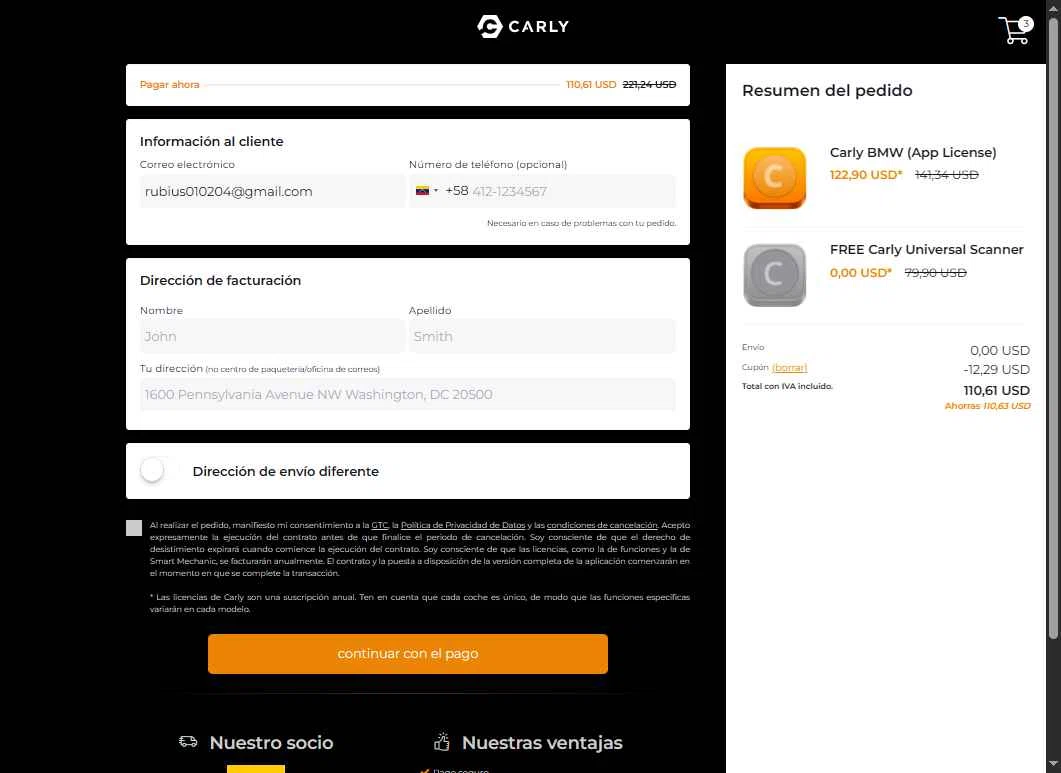 Carly OBD checkout page showing Carly OBD discount code box | Screenshot taken by SimplyCodes community member on May 7, 2025