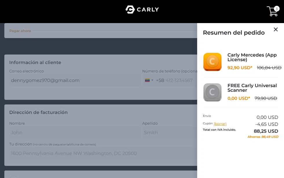Carly OBD checkout page showing Carly OBD discount code box | Screenshot taken by SimplyCodes community member on May 7, 2025