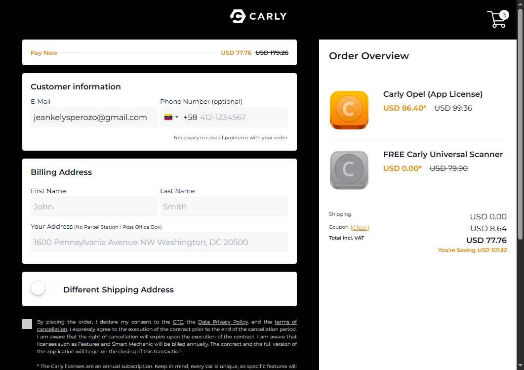Carly OBD checkout page showing Carly OBD discount code box | Screenshot taken by SimplyCodes community member on May 7, 2025