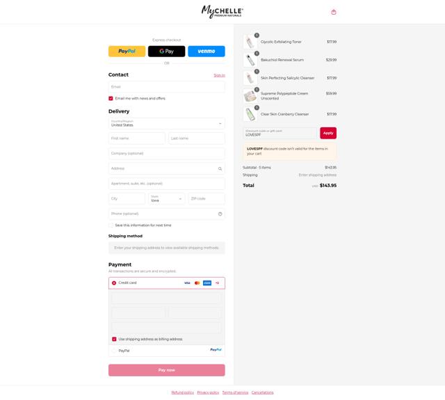 MyChelle Dermaceuticals checkout page showing MyChelle Dermaceuticals promo code box | Screenshot taken by SimplyCodes community member on Sep 14, 2025