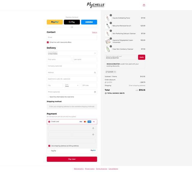MyChelle Dermaceuticals checkout page showing MyChelle Dermaceuticals promo code box | Screenshot taken by SimplyCodes community member on Sep 10, 2025