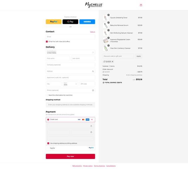 MyChelle Dermaceuticals checkout page showing MyChelle Dermaceuticals promo code box | Screenshot taken by SimplyCodes community member on Sep 14, 2025