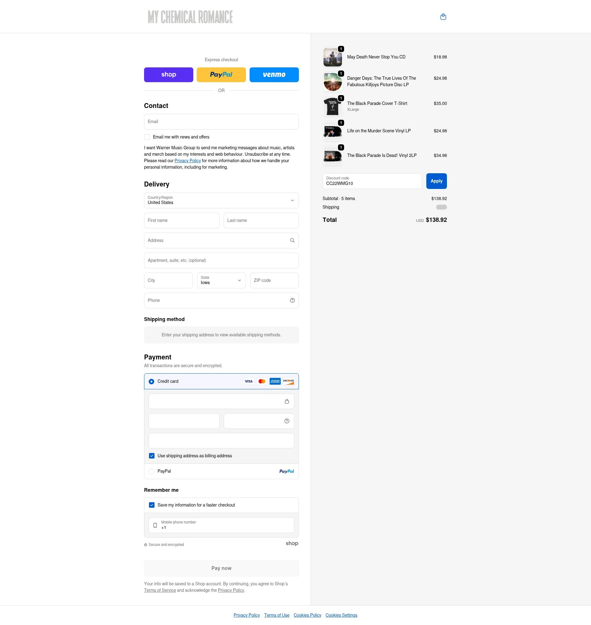 My Chemical Romance checkout page showing My Chemical Romance coupon code box | Screenshot taken by SimplyCodes community member on Jan 30, 2026