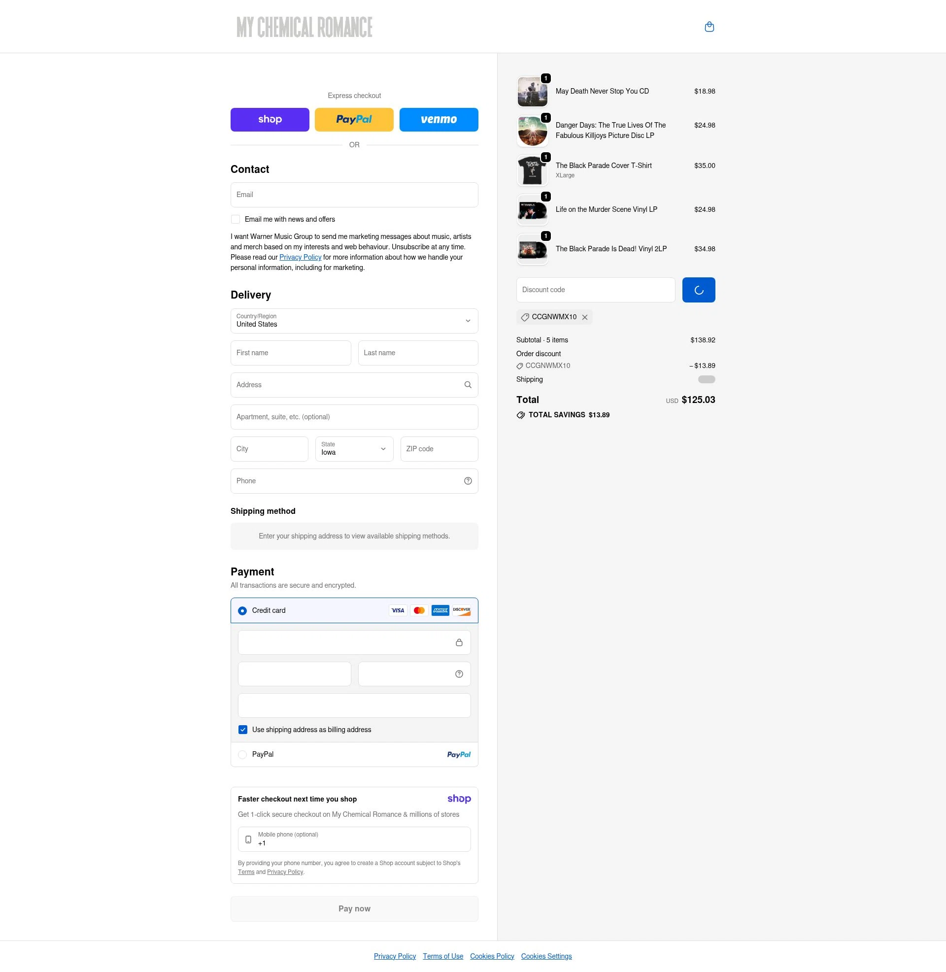My Chemical Romance checkout page showing My Chemical Romance coupon code box | Screenshot taken by SimplyCodes community member on Jan 16, 2026