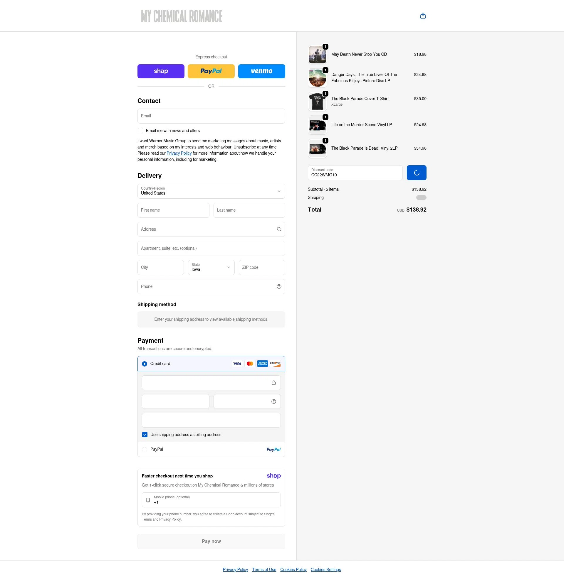 My Chemical Romance checkout page showing My Chemical Romance coupon code box | Screenshot taken by SimplyCodes community member on Jan 16, 2026
