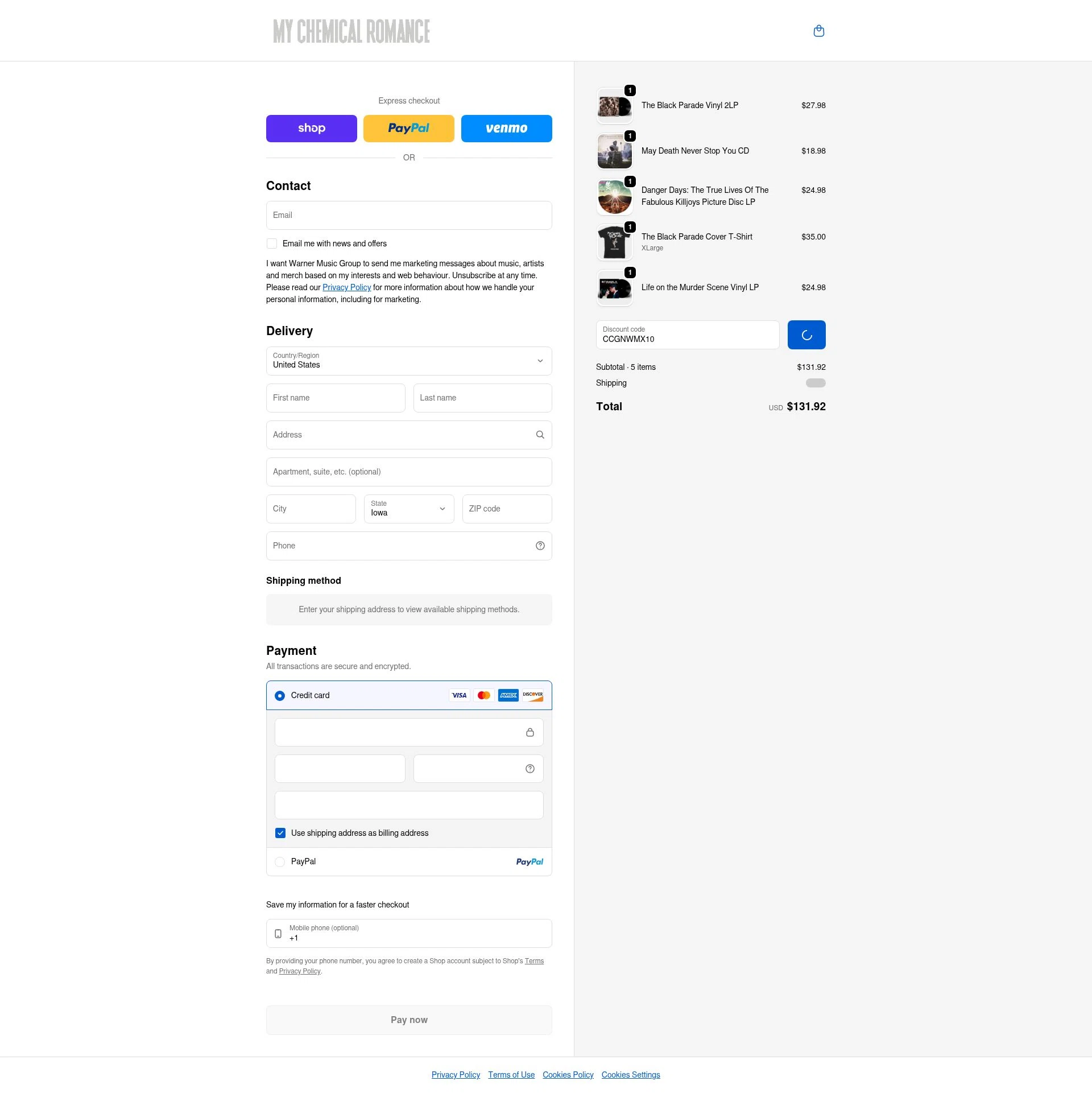 My Chemical Romance checkout page showing My Chemical Romance coupon code box | Screenshot taken by SimplyCodes community member on Feb 3, 2026