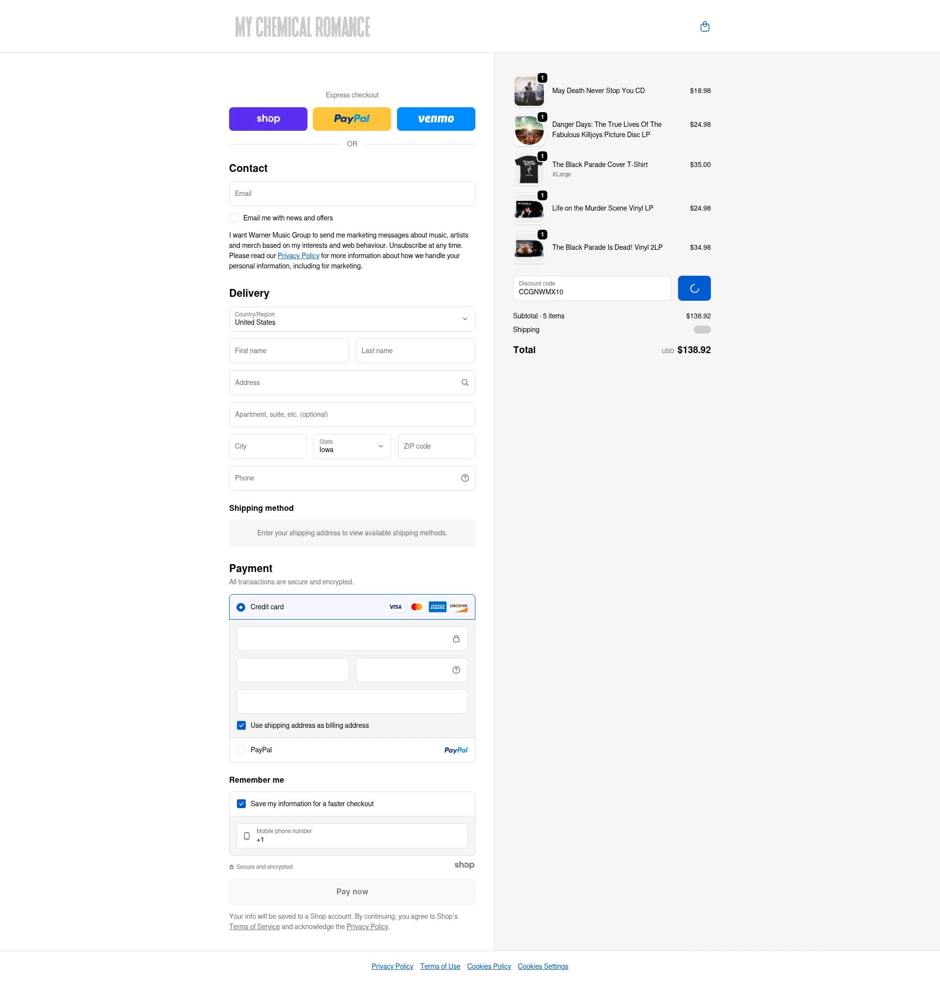 My Chemical Romance checkout page showing My Chemical Romance coupon code box | Screenshot taken by SimplyCodes community member on Jan 6, 2026