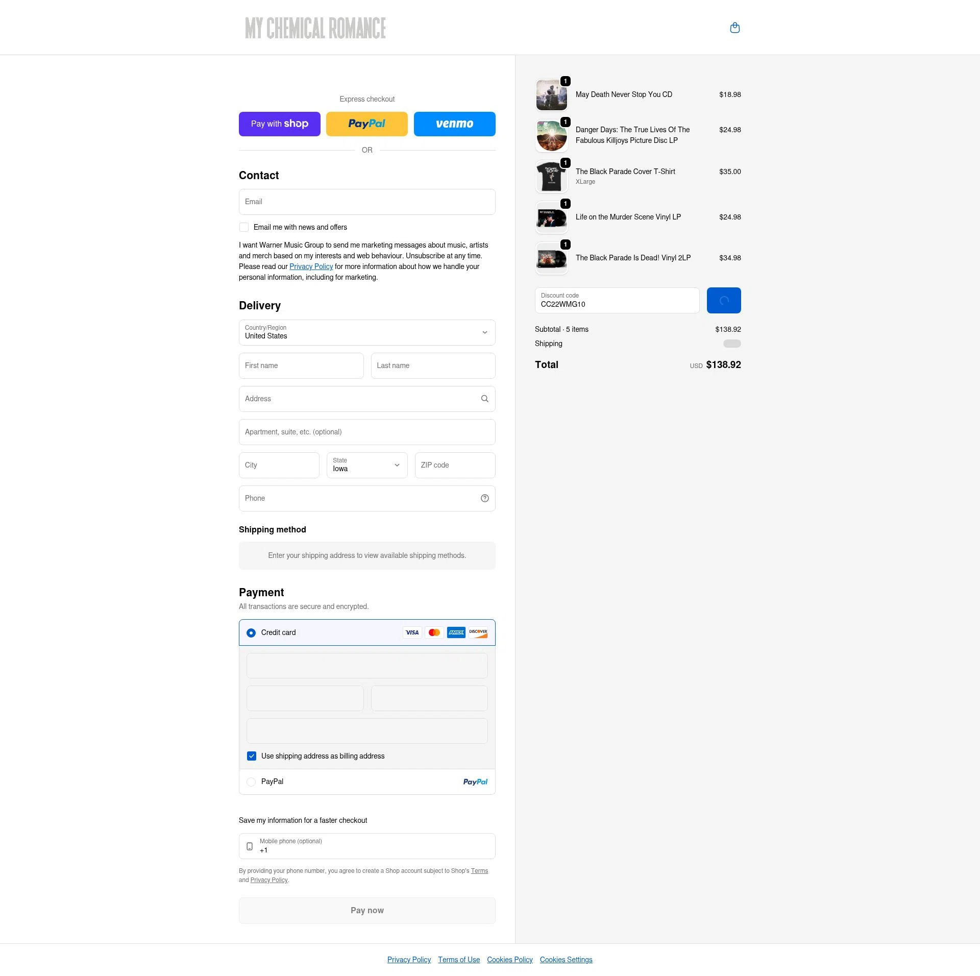 My Chemical Romance checkout page showing My Chemical Romance coupon code box | Screenshot taken by SimplyCodes community member on Jan 11, 2026