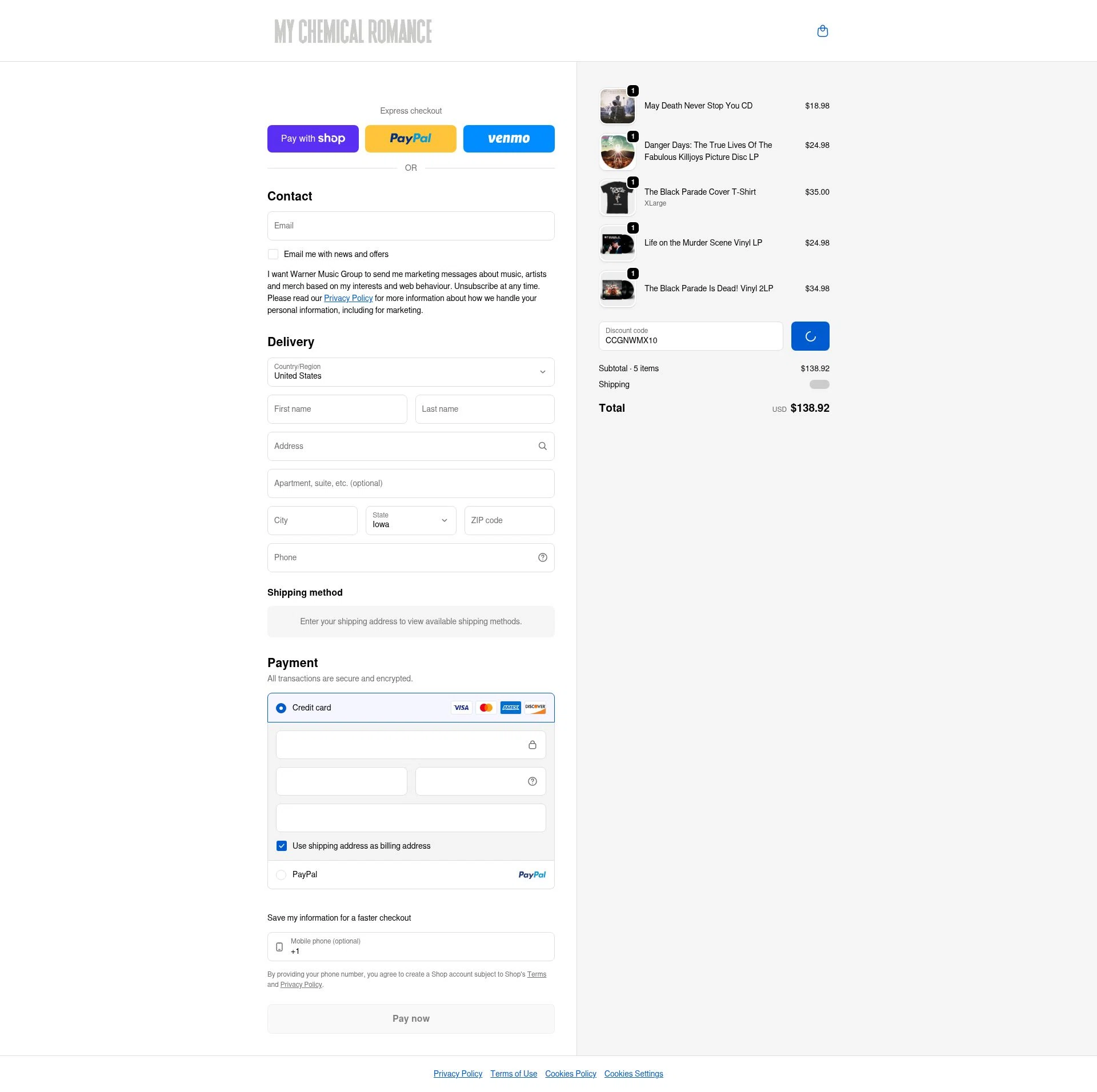 My Chemical Romance checkout page showing My Chemical Romance coupon code box | Screenshot taken by SimplyCodes community member on Jan 11, 2026