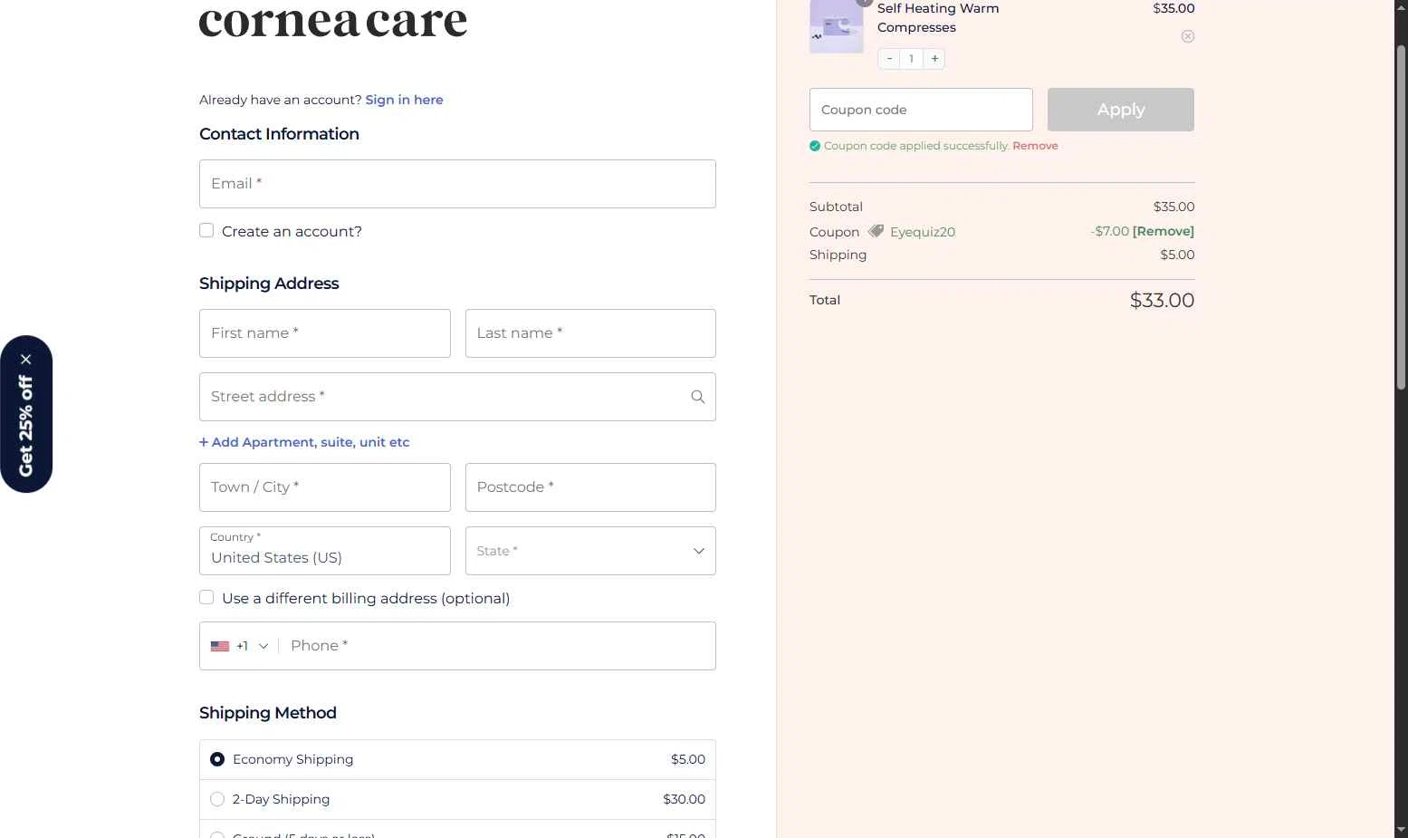 CorneaCare checkout page showing CorneaCare promo code box | Screenshot taken by SimplyCodes community member on Nov 24, 2025