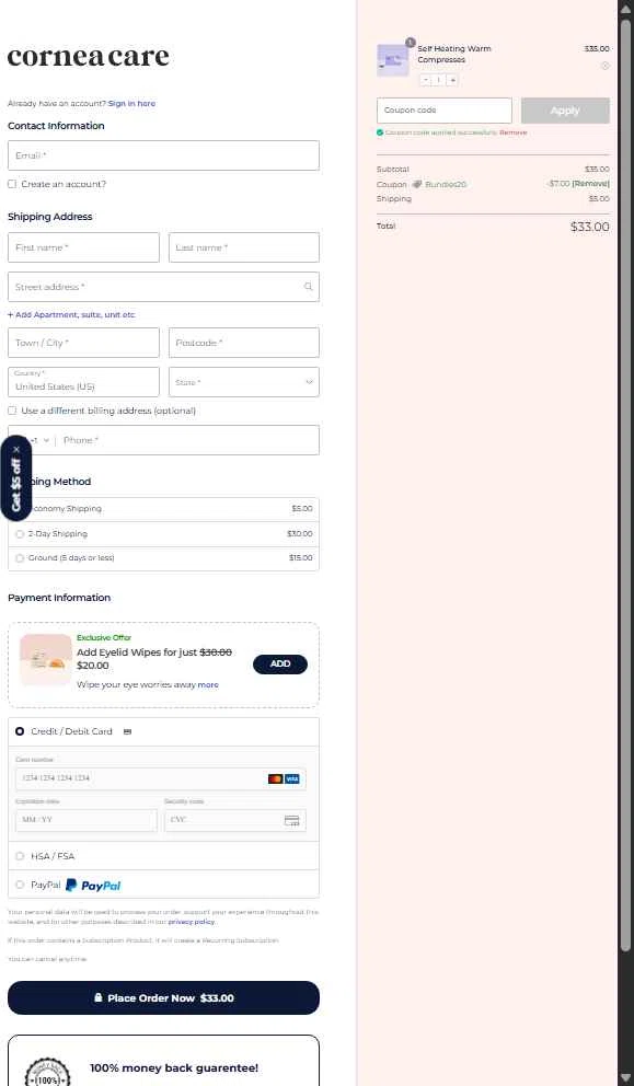 CorneaCare checkout page showing CorneaCare promo code box | Screenshot taken by SimplyCodes community member on Nov 19, 2025