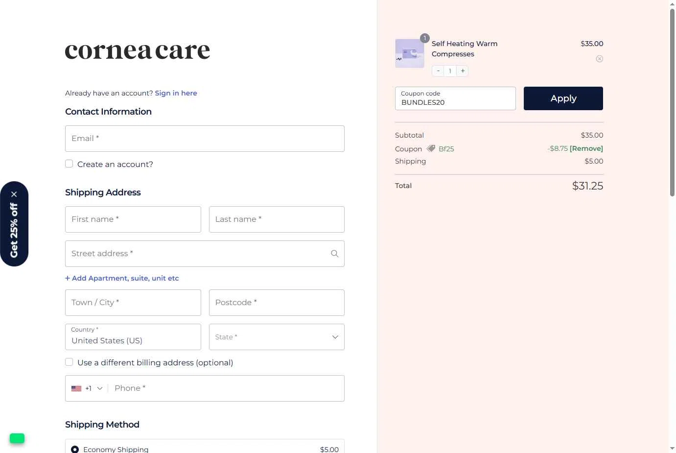 CorneaCare checkout page showing CorneaCare promo code box | Screenshot taken by SimplyCodes community member on Nov 28, 2025