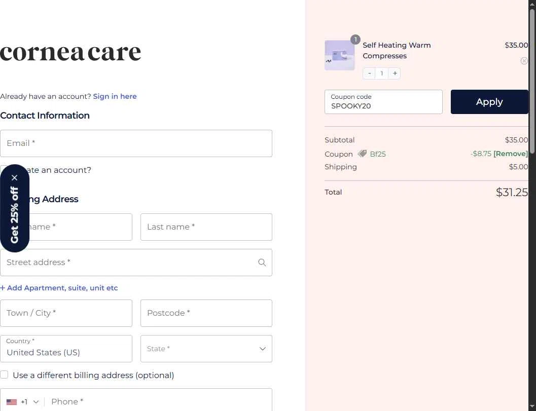 CorneaCare checkout page showing CorneaCare promo code box | Screenshot taken by SimplyCodes community member on Nov 30, 2025