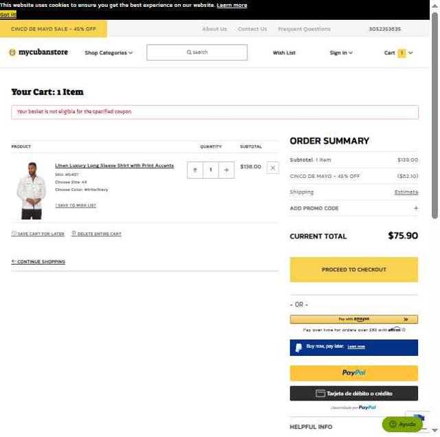 MyCubanStore.com checkout page showing MyCubanStore.com coupon code box | Screenshot taken by SimplyCodes community member on May 6, 2025