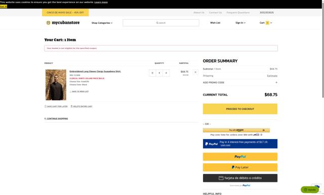 MyCubanStore.com checkout page showing MyCubanStore.com coupon code box | Screenshot taken by SimplyCodes community member on May 4, 2025
